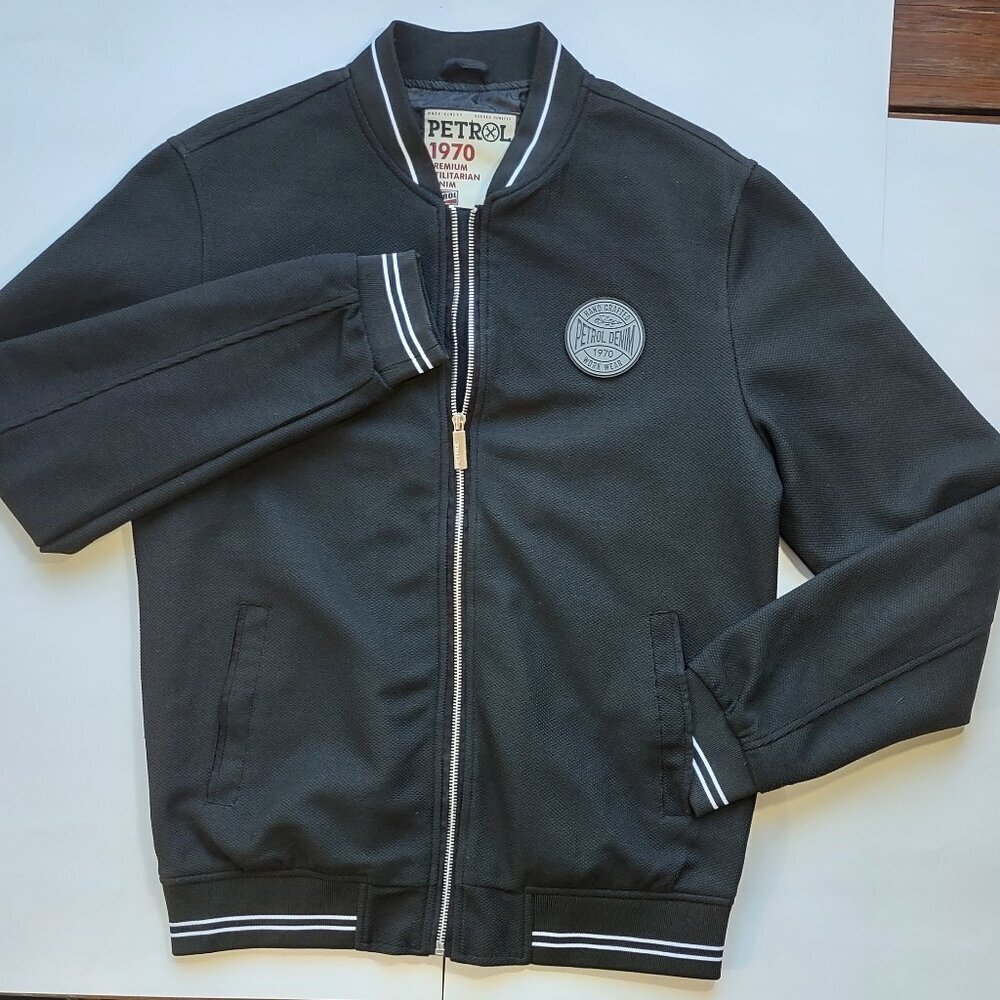 Petrol Denim Black Bomber Jacket Men's Medium Retro Gas & Oil Full Zip Pockets
